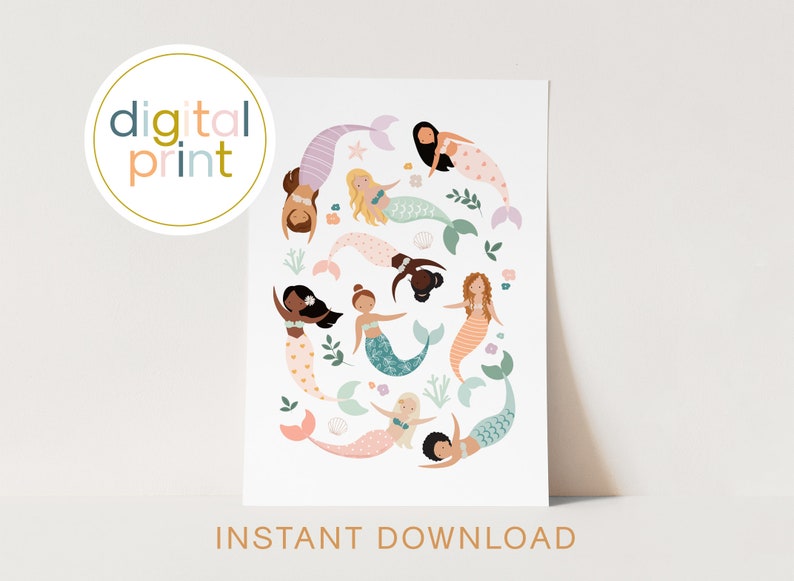 May include: A digital print featuring a whimsical illustration of mermaids with various skin tones and colorful tails. The mermaids are arranged in a circular pattern on a white background, surrounded by seashells, starfish, and seaweed.