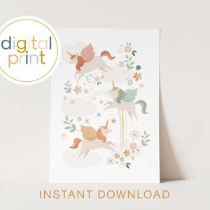 Digitaler Einhorn Druck, Mädchen Schlafzimmer Poster, Kinderzimmer Dekor, Einhorn / Prinzessin Spielzimmer Druck, Regenbogen Dekor, hübsche Wandkunst Thema