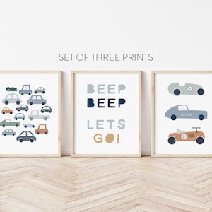 Set of 3 Personalised Car Nursery Prints, Kids Vehicle Wall Art, Motor Theme Room, Scandi Wall Prints, Playroom Prints, Kids Room Decor.