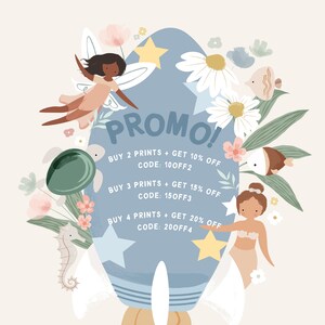 May include: A blue and white illustration of a surfboard with a promo code offer for buying multiple prints. The text reads "Promo! Buy 2 prints + get 10% off, code: 100FF2. Buy 3 prints + get 15% off, code: 150FF3. Buy 4 prints + get 20% off, code: 200FF4."