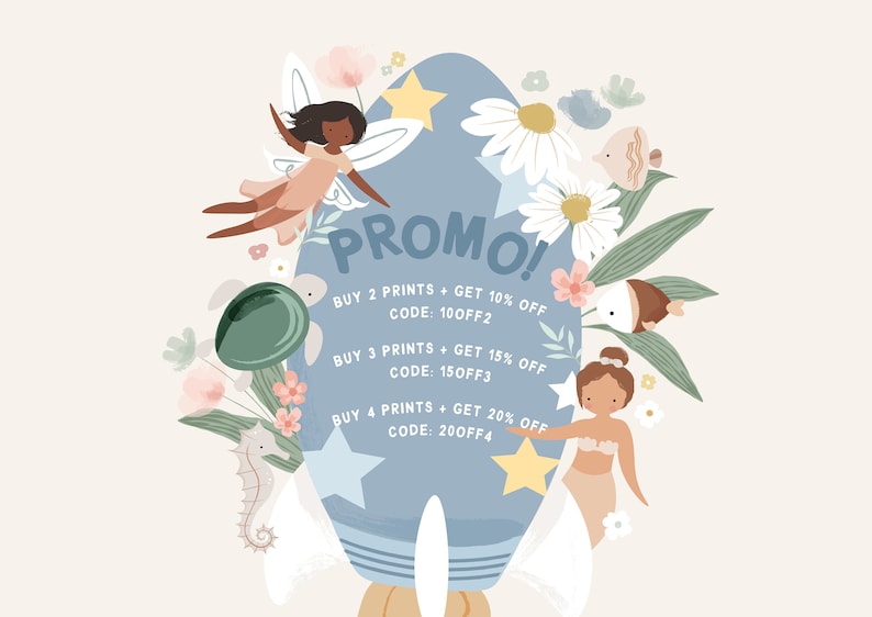 May include: A blue and white illustration of a surfboard with a promo code offer for buying multiple prints. The text reads "Promo! Buy 2 prints + get 10% off, code: 100FF2. Buy 3 prints + get 15% off, code: 150FF3. Buy 4 prints + get 20% off, code: 200FF4."
