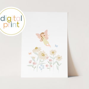 Personalised Digital Fairy Print Download, Wildflower Nursery Wall Decor, Fairy Bedroom Decor, Nursery Decor, Girls Bedroom Poster.