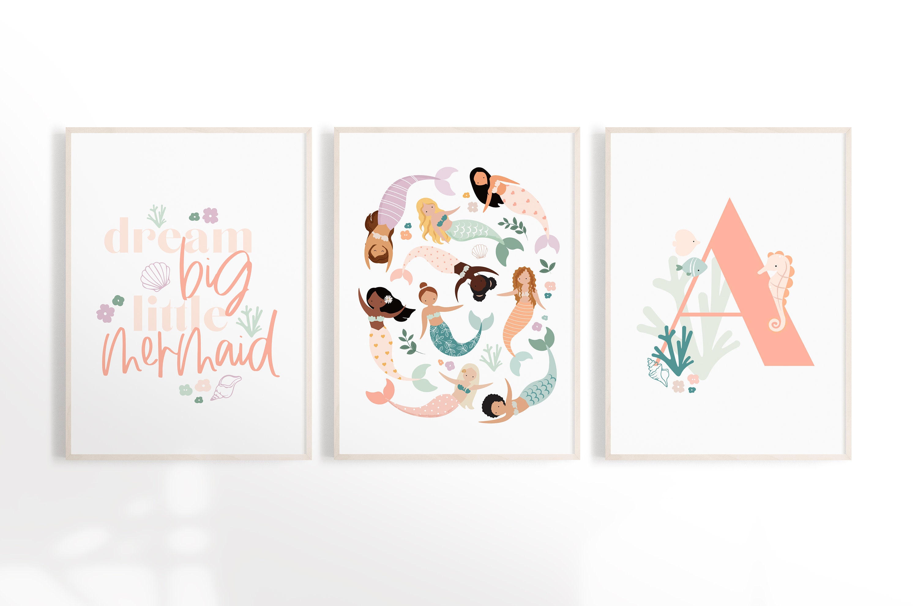 Personalised Mermaid Print Set, Mermaid Nursery Decor, Ocean Bedroom ...