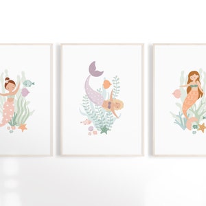 Mermaid Print Set of 3, Mermaid Personalised Bedroom Decor, Ocean Playroom Art Print, Under the Sea Theme Room, Custom Options
