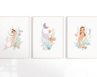 Mermaid Print Set of 3, Mermaid Personalised Bedroom Decor, Ocean Playroom Art Print, Under the Sea Theme Room, Custom Options