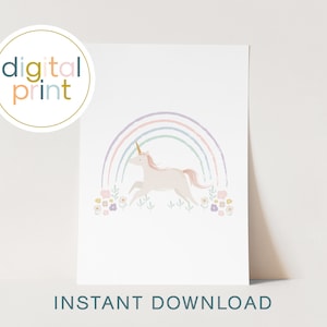 Digital Unicorn Rainbow Print *INSTANT DOWNLOAD* Floral Childrens Wall Print, Rainbow Nursery Art, Girls Room Decor, Modern Kids Room.