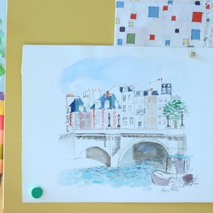 Il Pont Neuf e Place Dauphine, Parigi 1982 - Acquarello su carta (originale)