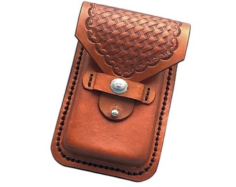 Hand tooled Basketweave Leather Phone Holder for Saddle Billet Strap