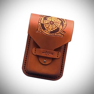 Leather Phone Holder for Saddle Billet Strap-Hand tooled Saddle Flower