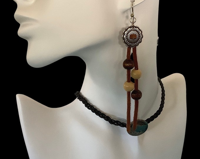 Long Leather Fringe Earrings with Wooden Beads and Silver Slotted Conchos on Sterling Silver Ear Wires