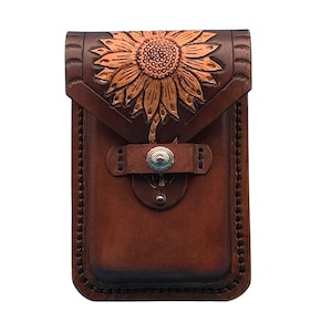 Leather Phone Holder for Saddle Billet Strap-Hand tooled Sunflower Mahogany