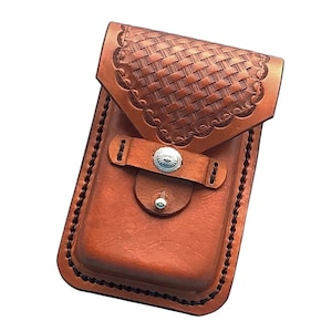 Hand tooled Basketweave Leather Phone Holder for Saddle Billet Strap in Saddle Tan