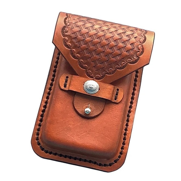 Hand tooled Basketweave Leather Phone Holder for Saddle Billet Strap