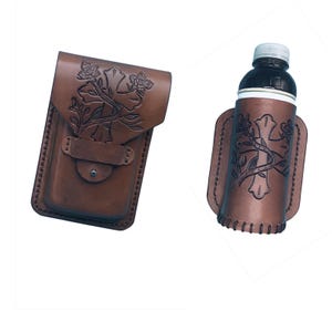 Leather Phone Case and Bottle Holder for Saddle Rear Cinch Strap, Hand-tooled Medium Brown Leather with Cross and Vine