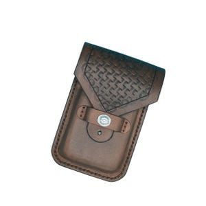 Dark Brown Leather Saddle Phone Holder-Handtooled Basketweave