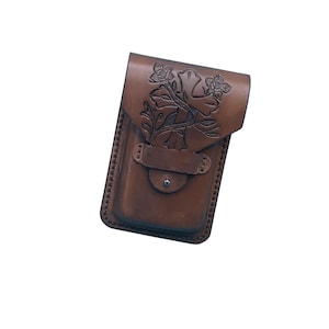 Leather Phone Case for Saddle Rear Cinch Strap, Hand-tooled Cross and Vine Leather Cellphone Holder in Medium Brown