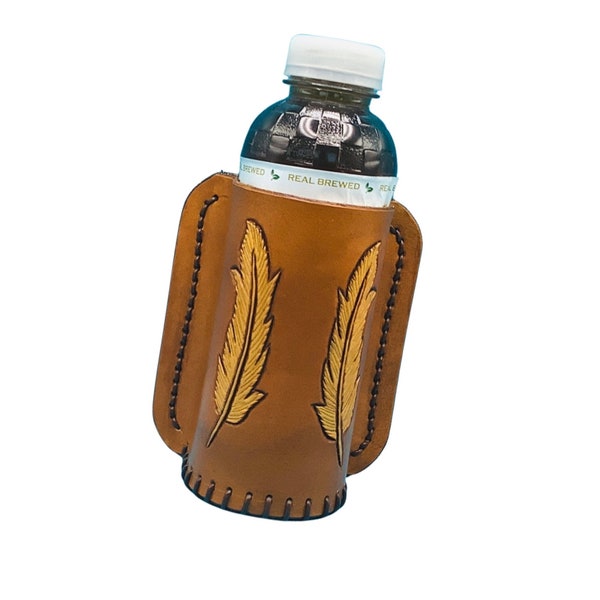 Leather Bottle Holder for Saddle Billet Strap with Hand Tooled Feather