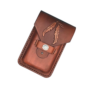 Leather Phone Holder for Saddle Billet with Hand Tooled Feathers, Mahogany Color