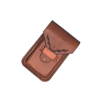 Leather Phone Holder for Saddle Rear Cinch-Hand Tooled in Light Brown