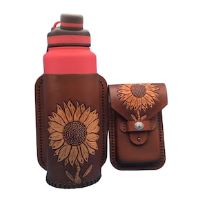 Leather Phone Holder and Drink Holder for Saddle Billet Strap-Hand tooled Sunflower