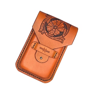 Leather Phone Holder for Saddle Billet Strap-Hand tooled in Saddle Tan
