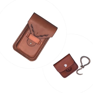 Hand Tooled Leather Saddle Phone Case & Hoof Pick Holder Light Brown