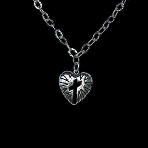 Heart Charm Necklace with Cross Cutout Design - Sterling Silver Pendant