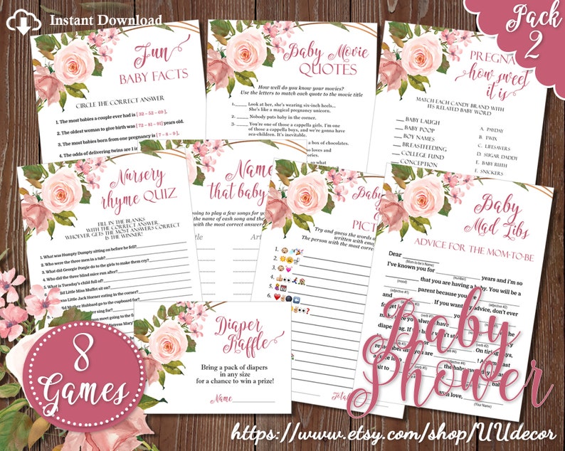 Floral Baby Shower Games Girl Baby Shower Games Rose Baby Etsy