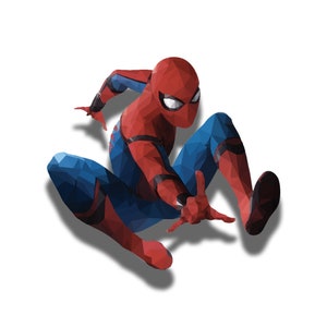 Puede incluir: Ilustración de Spider-Man en estilo low-poly, en posición agachada. El superhéroe lleva su traje rojo y azul clásico, con lentes blancos. La imagen tiene un fondo blanco y una sombra.