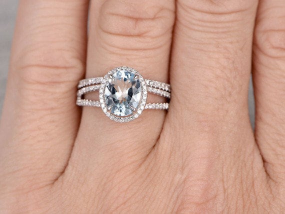 14k Solid Rose Gold Natural Aquamarine Diamond Ring Set Etsy