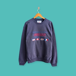 vintage 1997 distressed guess sport sweatshirt embroidered logo crewneck international competition sweater pullover blue colour size large