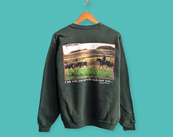 Felpa vintage da cowboy con stampa di cavalli, girocollo, con animali selvatici, stile streetwear, bel colore verde, taglia media.