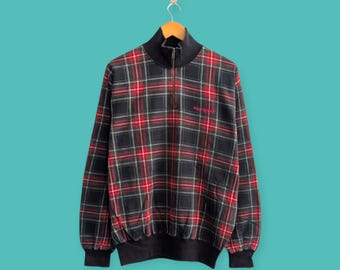 Vintage 90s Red and Green Plaid Print Polo Sport Henley Sweatshirt