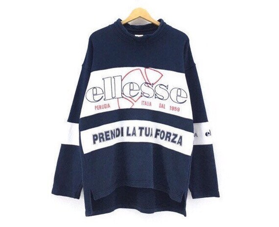 Rare Vintage Ellesse Turtleneck Large Size Big Logo Blue White