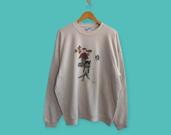 Sudadera vintage de los años 90 con diseño infinito, diseño de gato, gatito y pájaro, cuello redondo, bonito suéter con gráficos, bonito color marrón claro, talla XXXL.