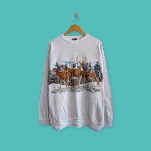 vintage 90s whitetail deer sweatshirt cute graphics crewneck animal habitat wildlife sweater pullover streewear gray colour size xx-large
