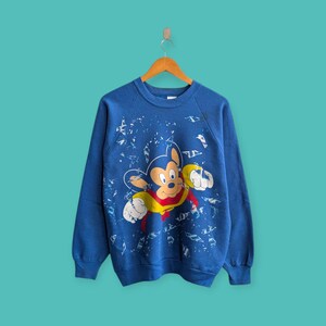 vintage jaren 90 Mighty Mouse sweatshirt met grote afbeelding Mighty Mouse ronde hals Mighty Mouse trui trui cartoonstijl mooie blauwe kleur maat large
