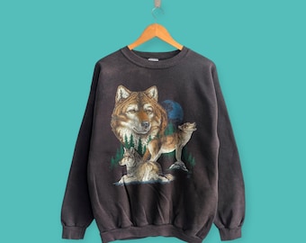 vintage jaren 90 noordelijke rotsachtige bergwolfsweater dierenhabitat ronde hals outdoor outfitters trui pullover zwarte kleur maat x-large