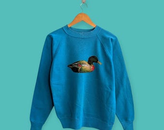 Vintage 90er Jahre Vintage Duck Sweatshirt Enten Crewneck Entenpullover Pullover Streewear Sportswear Tierstil Türkis Farbe Size M