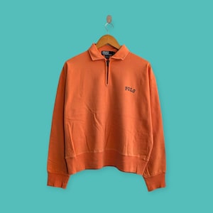 Felpa vintage anni &#39;90 con mezza cerniera, girocollo, stile streetwear, stile Polo, colore arancione, taglia piccola.