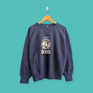 vintage 90s suntory sweatshirt boss coffee crewneck suntory sweater pullover streewear sportswear style nice blue colour size large