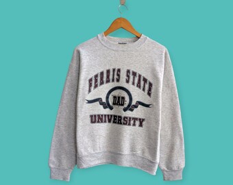 Vintage 90-tals Ferris State University-tröja, rund hals, tröja från Ferris State University, collegestil, fin grå färg, storlek medium
