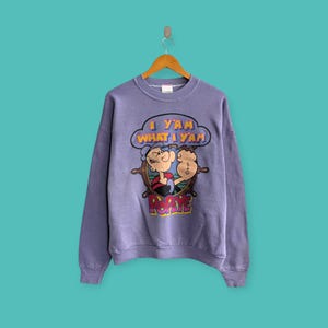 Moletom vintage Popeye the Sailor Man dos anos 90, gola redonda, suéter Popeye, pulôver, streetwear, estilo cartoon, cor roxa, tamanho grande