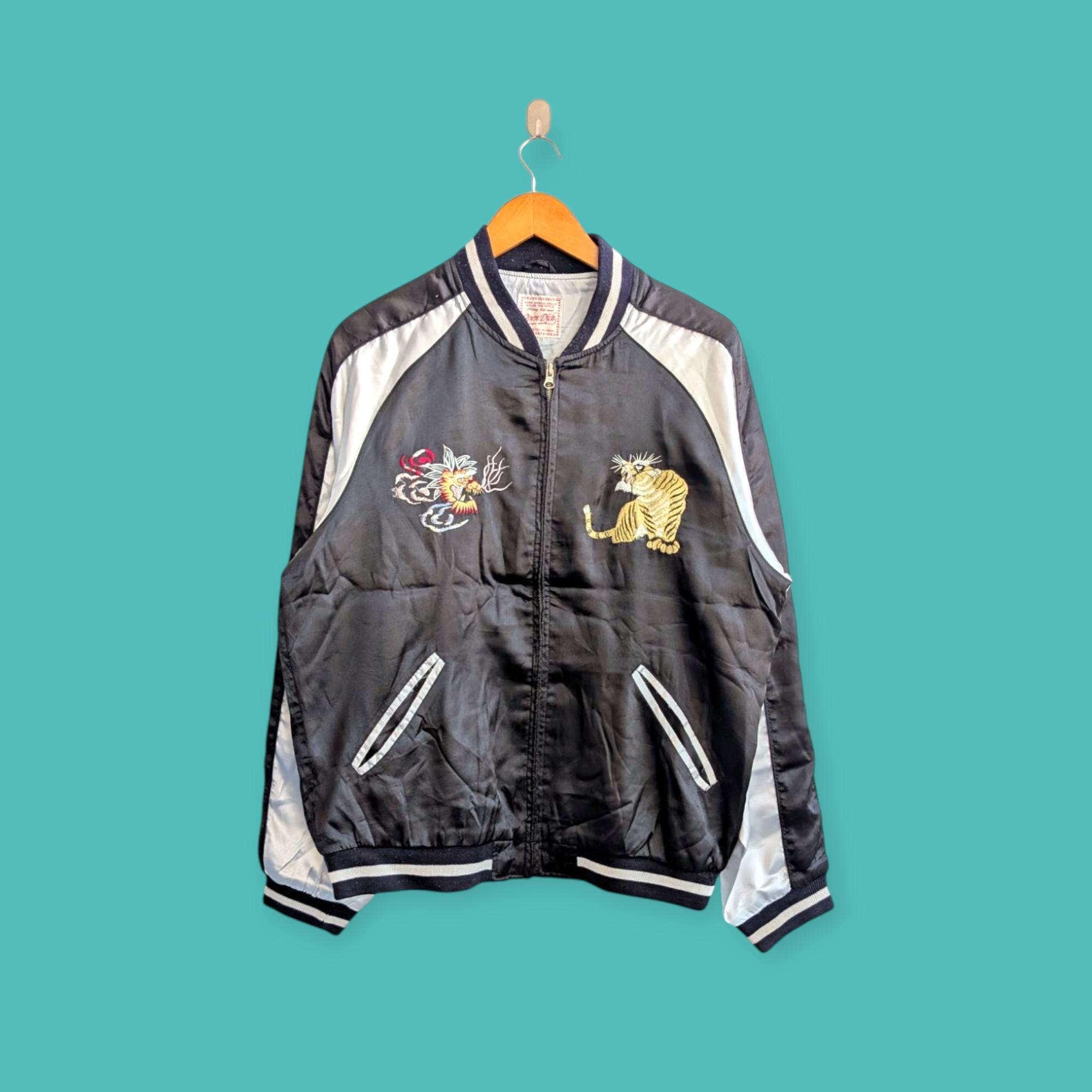 90s 別珍 Tiger & Dragon Souvenir Jacket Japanese Repro Souvenir Jacket, XL, Black, Tiger and Dragon
