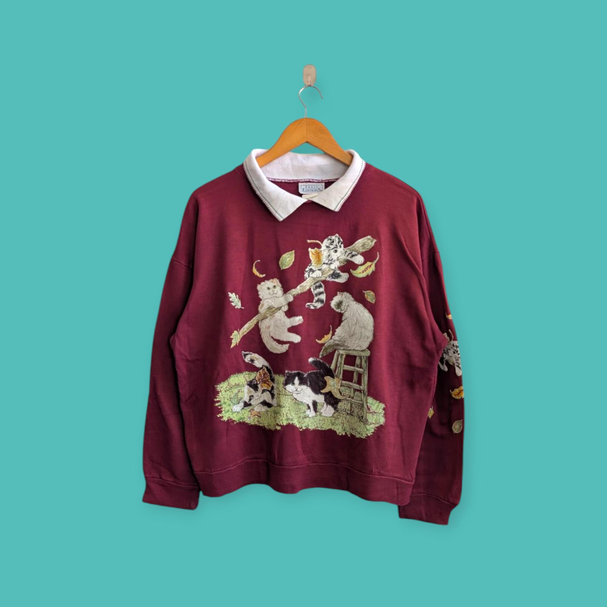 vintage 90s cat kitty kitten big image sweatshirt basic editions crewneck cat sweater pullover animal style nice maroon colour size medium