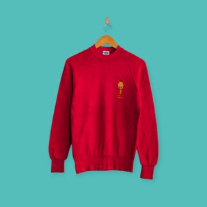 Sudadera vintage de los años 90 con el logo bordado de Tweety Bird, cuello redondo, estilo urbano, dibujos animados, color rojo, talla M.