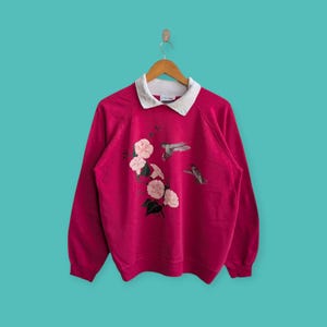 vintage 90s morning suns sweatshirt hummingbird with flowers crewneck cute graphics sweater pullover nice Pink colour size large fits medium