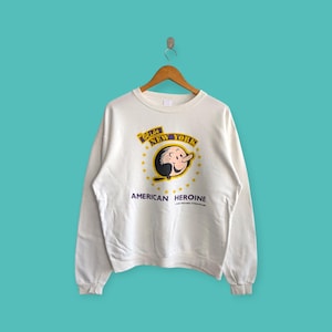 Felpa vintage anni '90 color oliva con stampa Popeye di New York, stile cartoon, stile streetwear, colore bianco, taglia large.