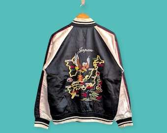 Vintage 80's Okinawa Japan Souvenir Satin Embroidered Dragon Parch