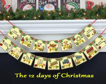 12 Days of Christmas printable Gift Tags Bunting Garland 4 Christmas wrapping watercolor ornaments cards decoration